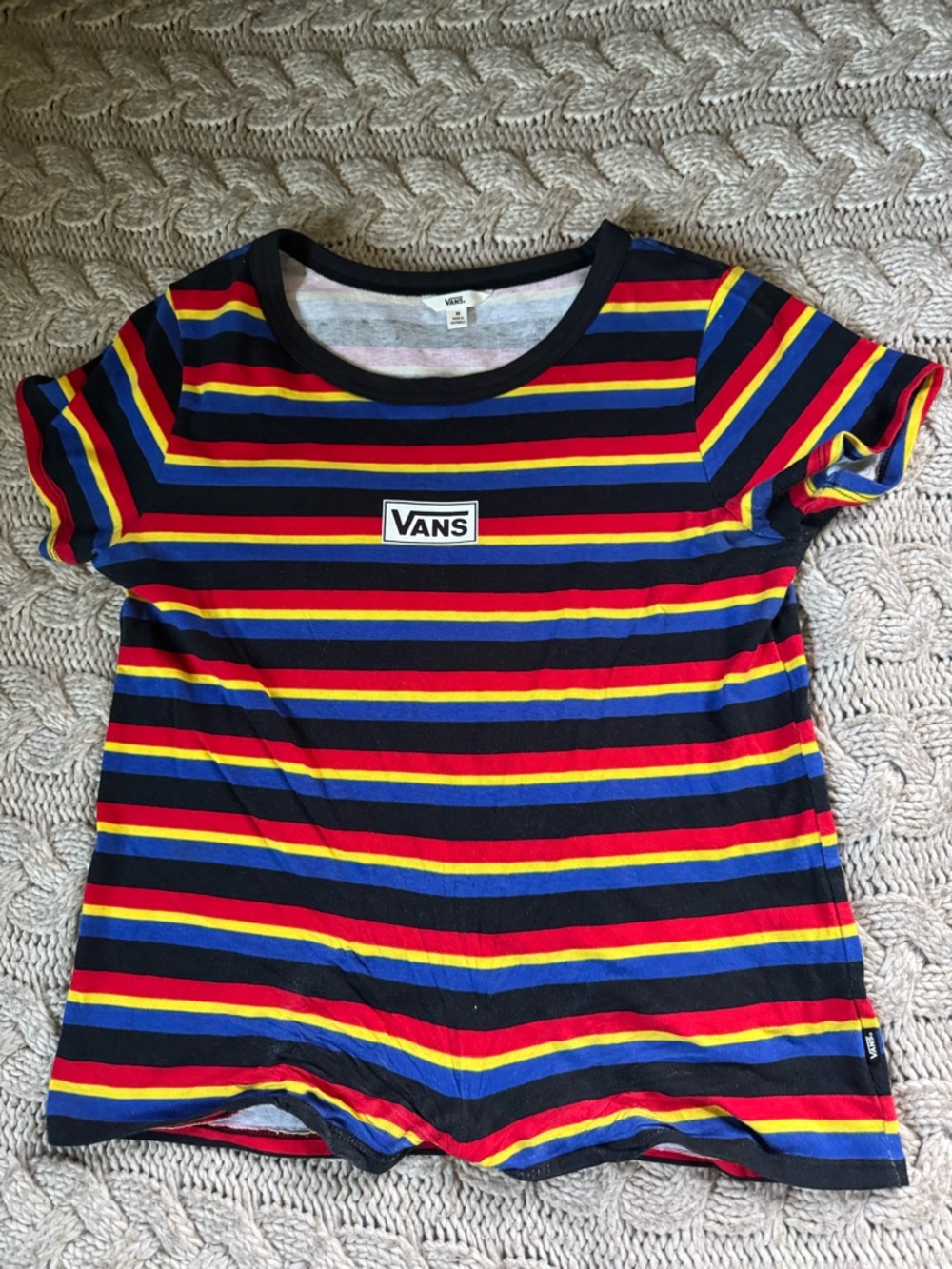 Vans Navy Stripe Crop Tee with Red, Yellow & Blue